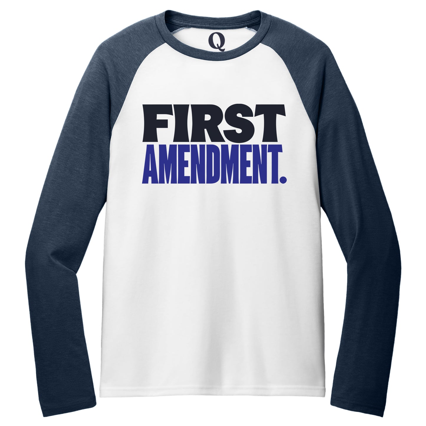 "First Amendment." Quorum Tri-Blend Colorblock Raglan front print in Rebel Blue / Bright White