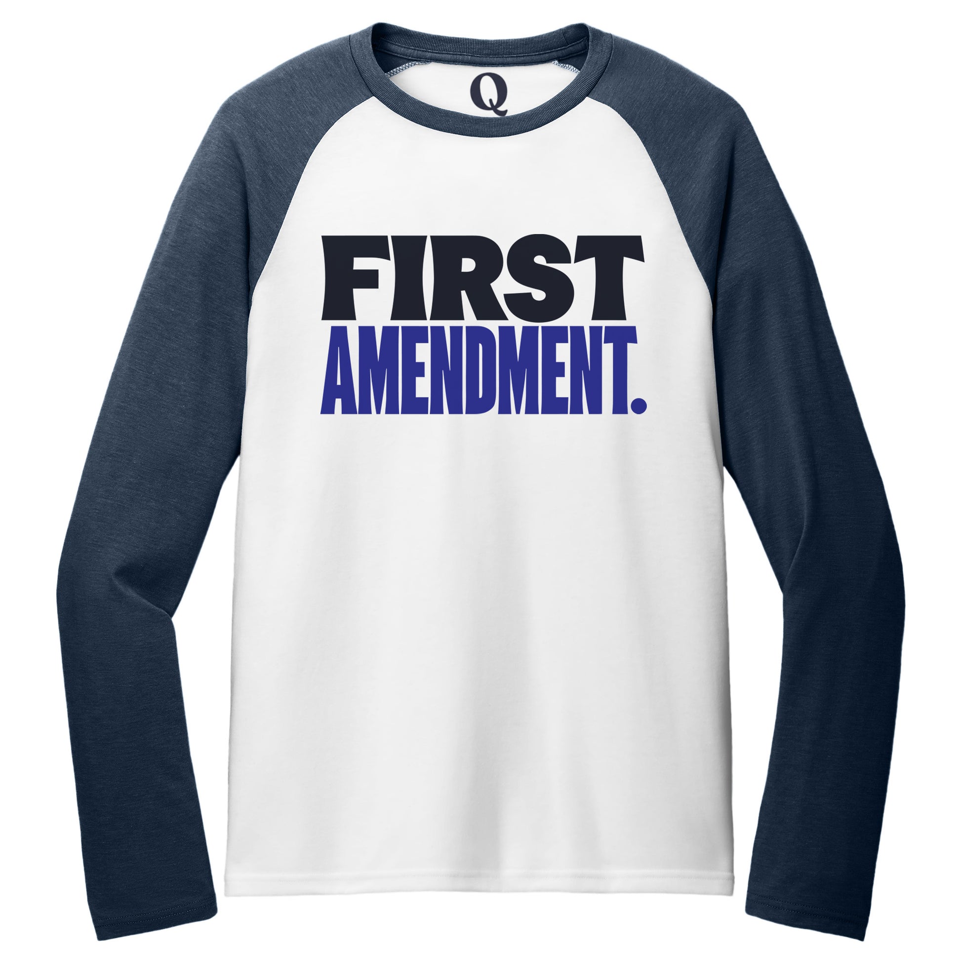 "First Amendment." Quorum Tri-Blend Colorblock Raglan front print in Rebel Blue / Bright White