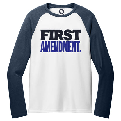 "First Amendment." Quorum Tri-Blend Colorblock Raglan front print in Rebel Blue / Bright White