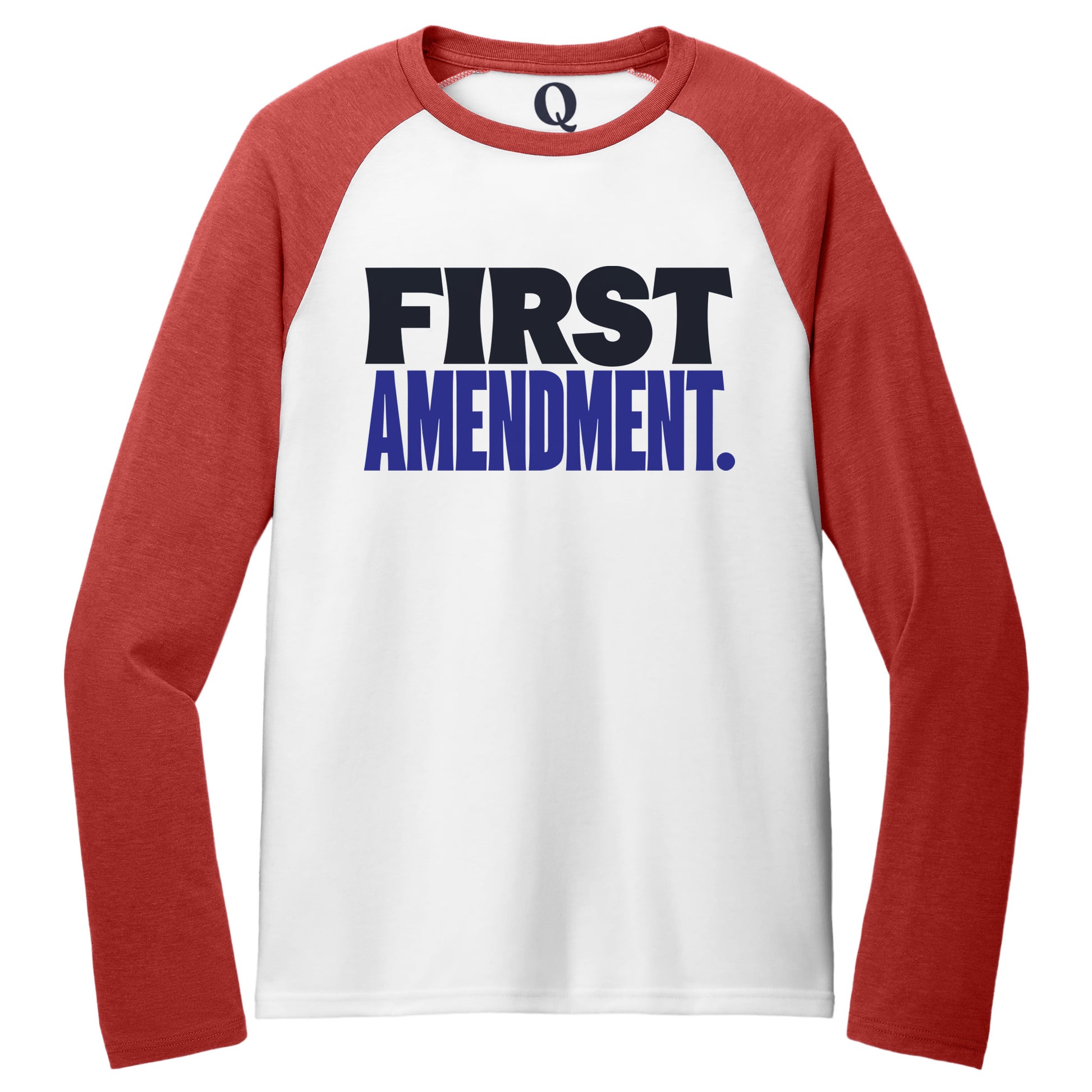 "First Amendment." Quorum Tri-Blend Colorblock Raglan front print in Rise Up Red / Bright White