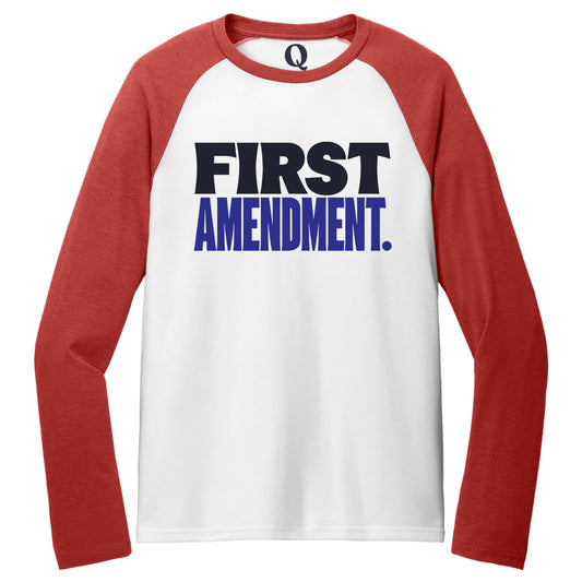 "First Amendment." Quorum Tri-Blend Colorblock Raglan front print in Rise Up Red / Bright White