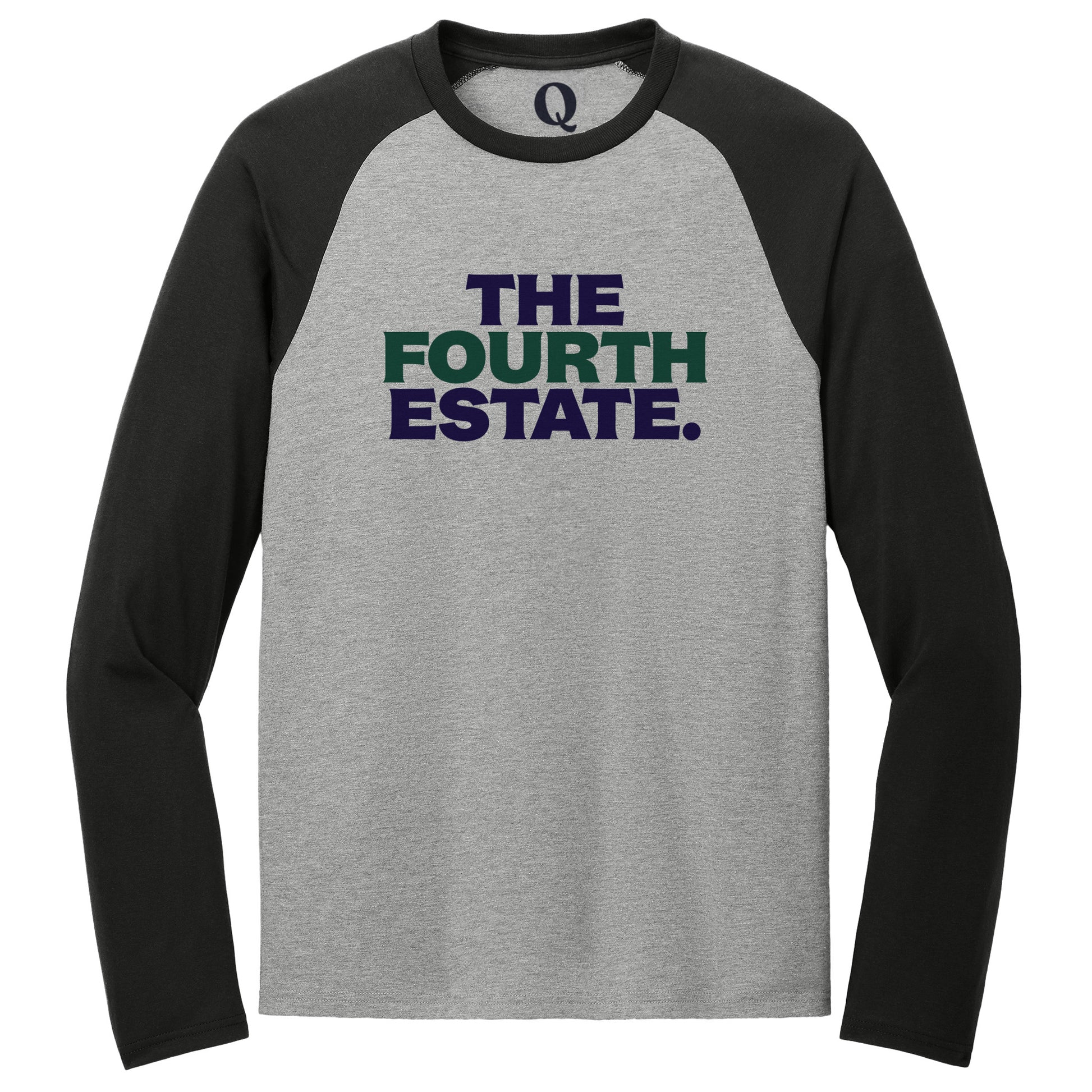 "The Fourth Estate." Quorum Tri-Blend Colorblock Raglan front print in Deep Black / Aluminum Grey