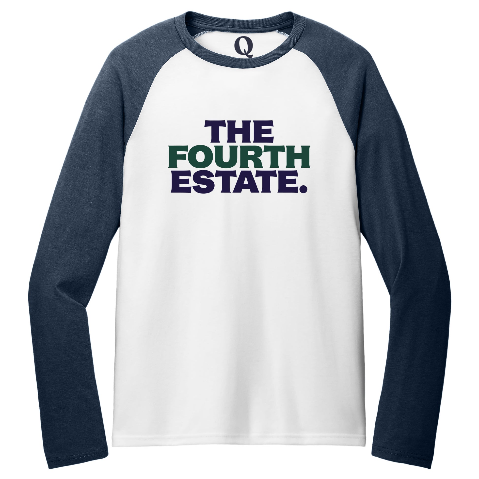 "The Fourth Estate." Quorum Tri-Blend Colorblock Raglan front print in Rebel Blue / Bright White