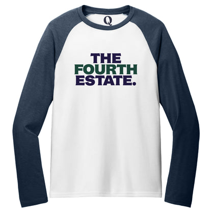 "The Fourth Estate." Quorum Tri-Blend Colorblock Raglan front print in Rebel Blue / Bright White