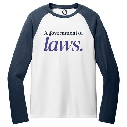 "A government of laws." Quorum Tri-Blend Colorblock Raglan front print in Rebel Blue / Bright White