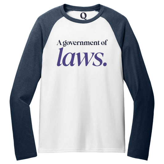 "A government of laws." Quorum Tri-Blend Colorblock Raglan front print in Rebel Blue / Bright White