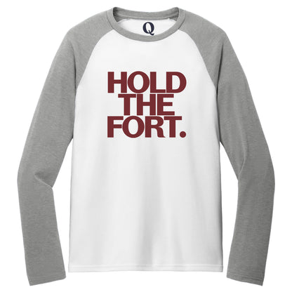 "Hold the Fort." Quorum Tri-Blend Colorblock Raglan front print in Aluminum Grey / Bright White