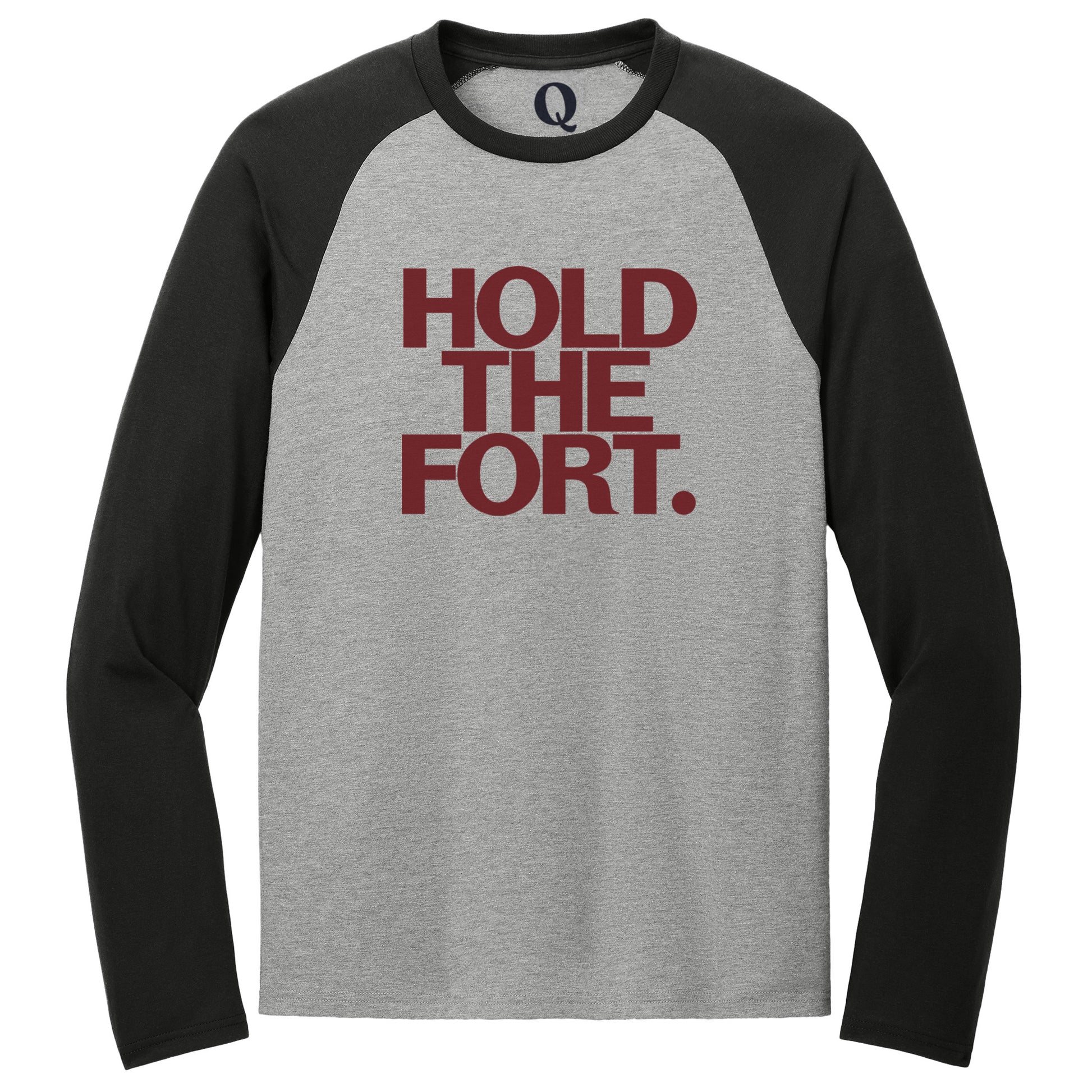 "Hold the Fort." Quorum Tri-Blend Colorblock Raglan front print in Deep Black / Aluminum Grey