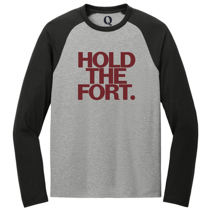 "Hold the Fort." Quorum Tri-Blend Colorblock Raglan front print in Deep Black / Aluminum Grey