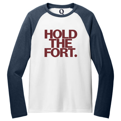 "Hold the Fort." Quorum Tri-Blend Colorblock Raglan front print in Rebel Blue / Bright White