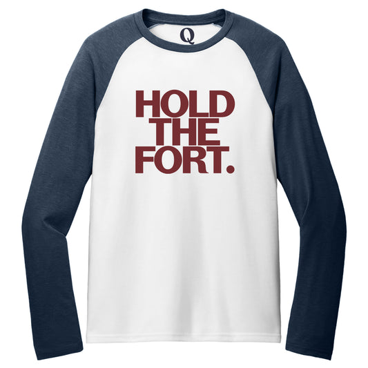 "Hold the Fort." Quorum Tri-Blend Colorblock Raglan front print in Rebel Blue / Bright White