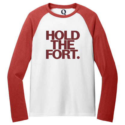 "Hold the Fort." Quorum Tri-Blend Colorblock Raglan front print in Rise Up Red / Bright White