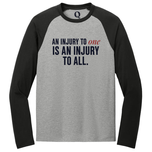 "An injury to one is an injury to all." Quorum Tri-Blend Colorblock Raglan front print in Deep Black / Aluminum Grey
