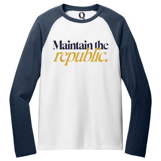 "Maintain the republic." Quorum Tri-Blend Colorblock Raglan front print in Rebel Blue / Bright White
