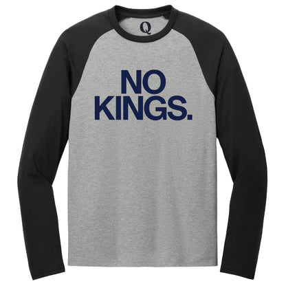 "No Kings." Quorum Tri-Blend Colorblock Raglan front print in Deep Black / Aluminum Grey
