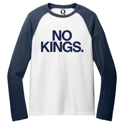 "No Kings." Quorum Tri-Blend Colorblock Raglan front print in Rebel Blue / Bright White