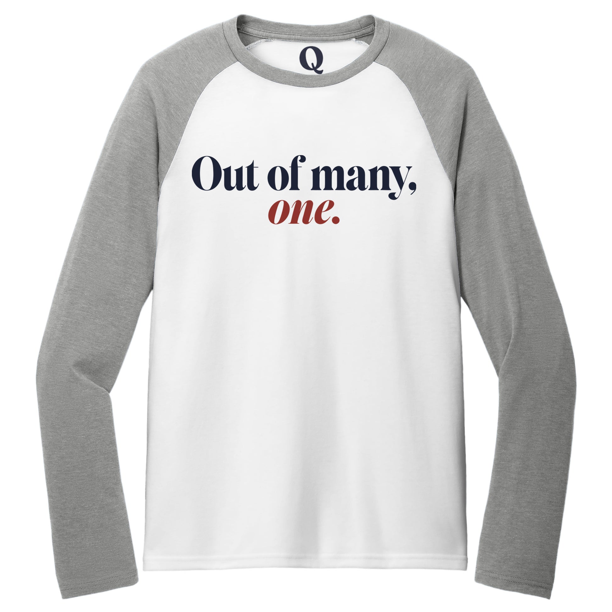"Out of many, one." Quorum Tri-Blend Colorblock Raglan front print in Aluminum Grey / Bright White