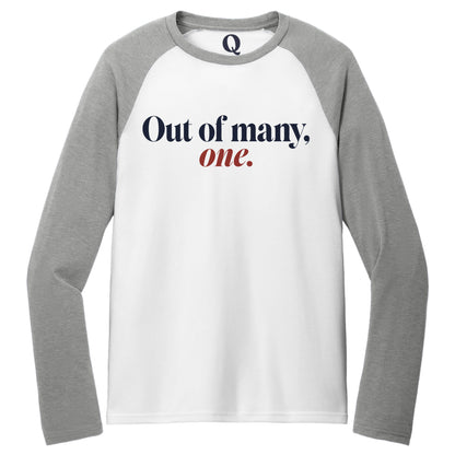 "Out of many, one." Quorum Tri-Blend Colorblock Raglan front print in Aluminum Grey / Bright White
