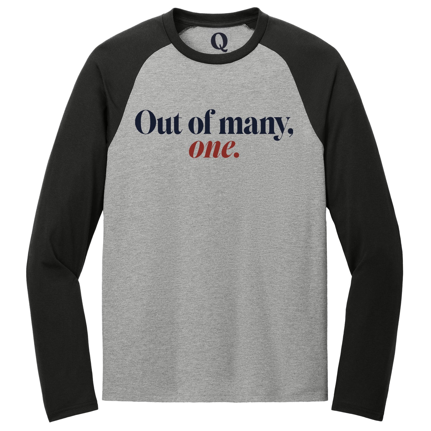 "Out of many, one." Quorum Tri-Blend Colorblock Raglan front print in Deep Black / Aluminum Grey