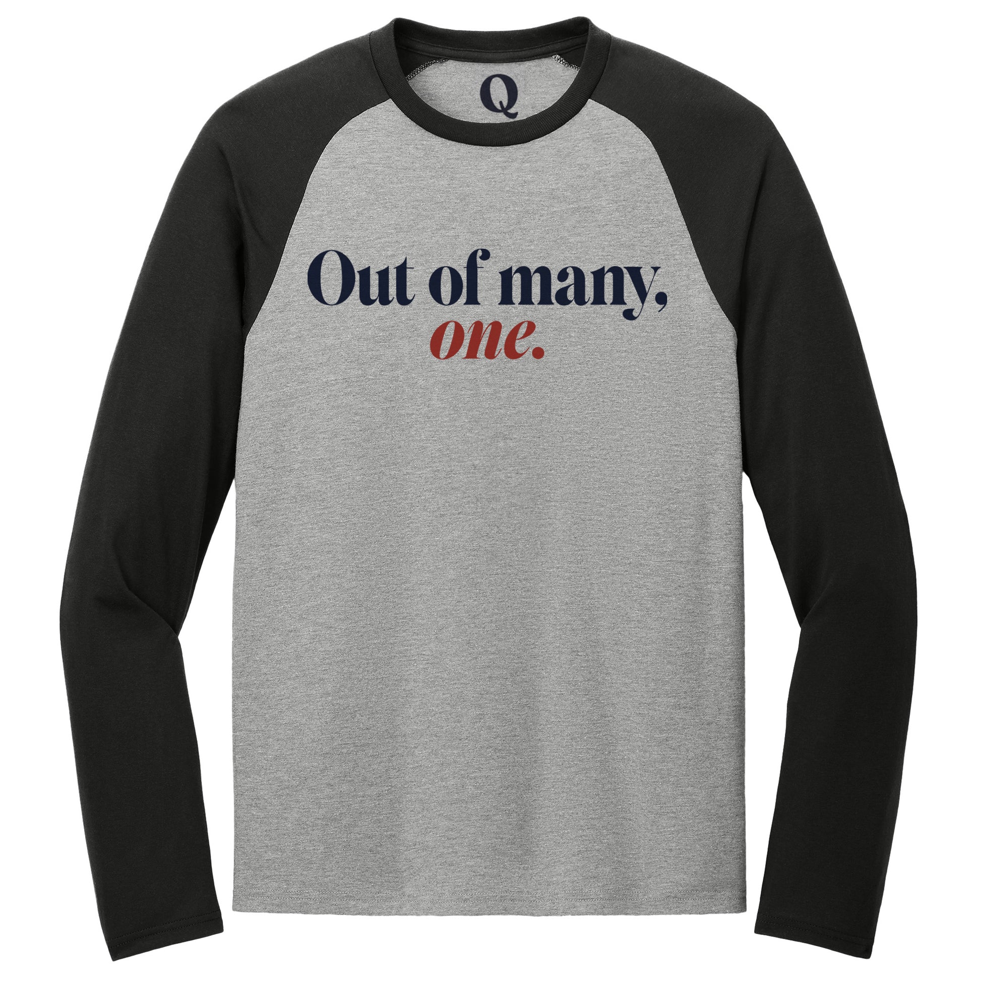 "Out of many, one." Quorum Tri-Blend Colorblock Raglan front print in Deep Black / Aluminum Grey