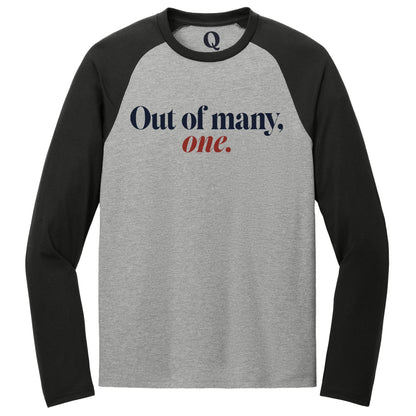 "Out of many, one." Quorum Tri-Blend Colorblock Raglan front print in Deep Black / Aluminum Grey