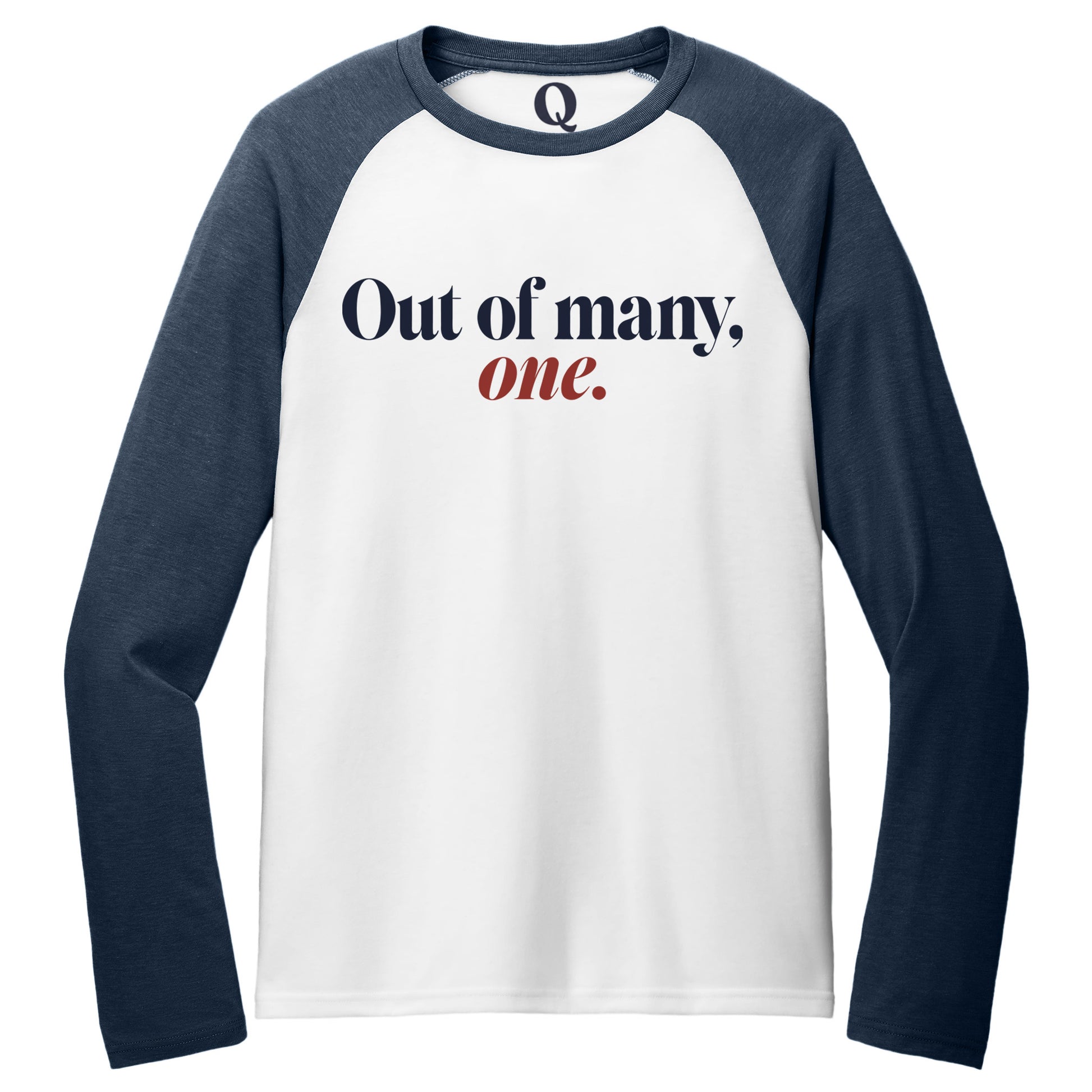 "Out of many, one." Quorum Tri-Blend Colorblock Raglan front print in Rebel Blue / Bright White