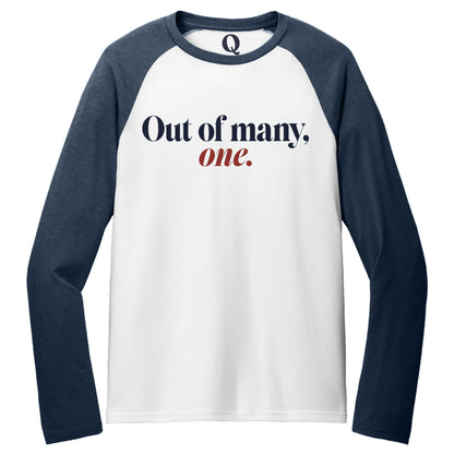 "Out of many, one." Quorum Tri-Blend Colorblock Raglan front print in Rebel Blue / Bright White