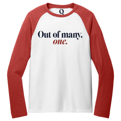 "Out of many, one." Quorum Tri-Blend Colorblock Raglan front print in Rise Up Red / Bright White