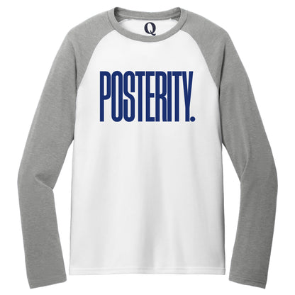 "Posterity." Quorum Tri-Blend Colorblock Raglan front print in Aluminum Grey / Bright White