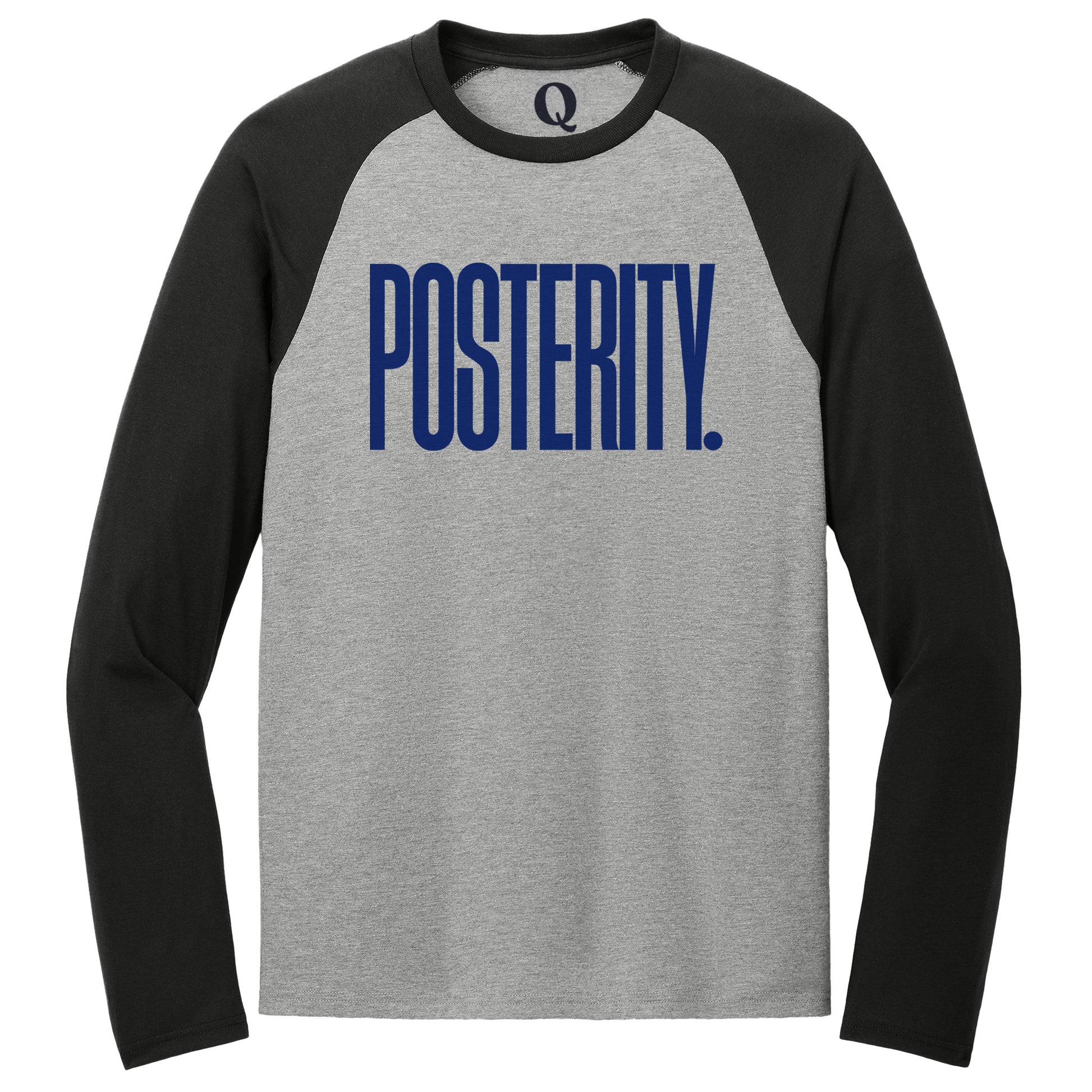 "Posterity." Quorum Tri-Blend Colorblock Raglan front print in Deep Black / Aluminum Grey