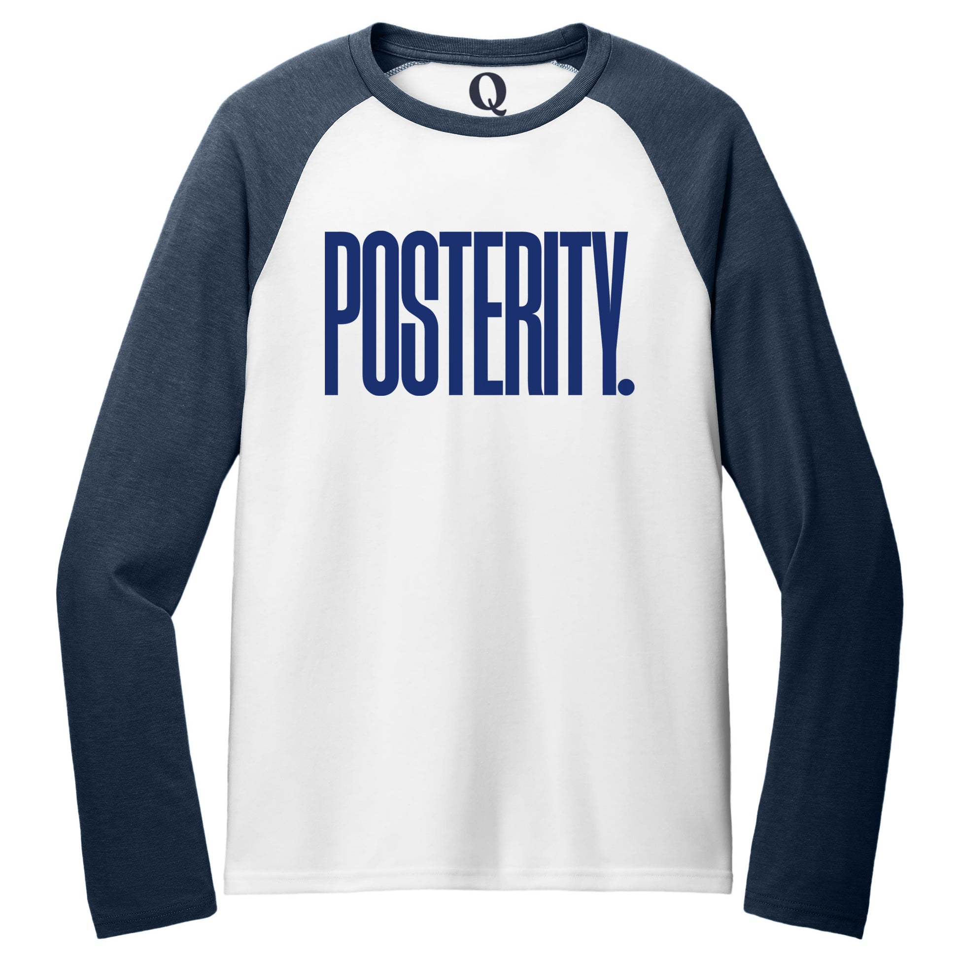 "Posterity." Quorum Tri-Blend Colorblock Raglan front print in Rebel Blue / Bright White