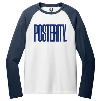 "Posterity." Quorum Tri-Blend Colorblock Raglan front print in Rebel Blue / Bright White