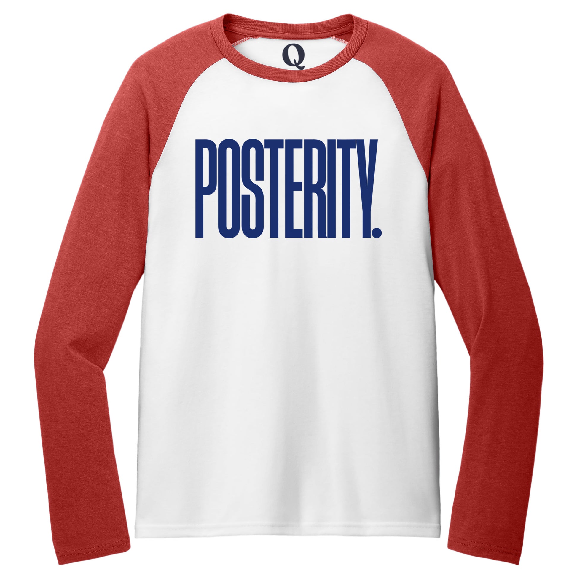 "Posterity." Quorum Tri-Blend Colorblock Raglan front print in Rise Up Red / Bright White
