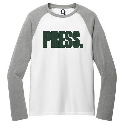 "Press." Quorum Tri-Blend Colorblock Raglan front print in Aluminum Grey / Bright White