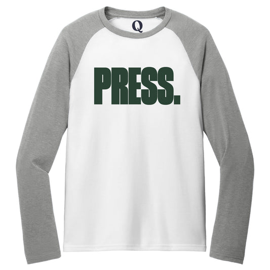 "Press." Quorum Tri-Blend Colorblock Raglan front print in Aluminum Grey / Bright White