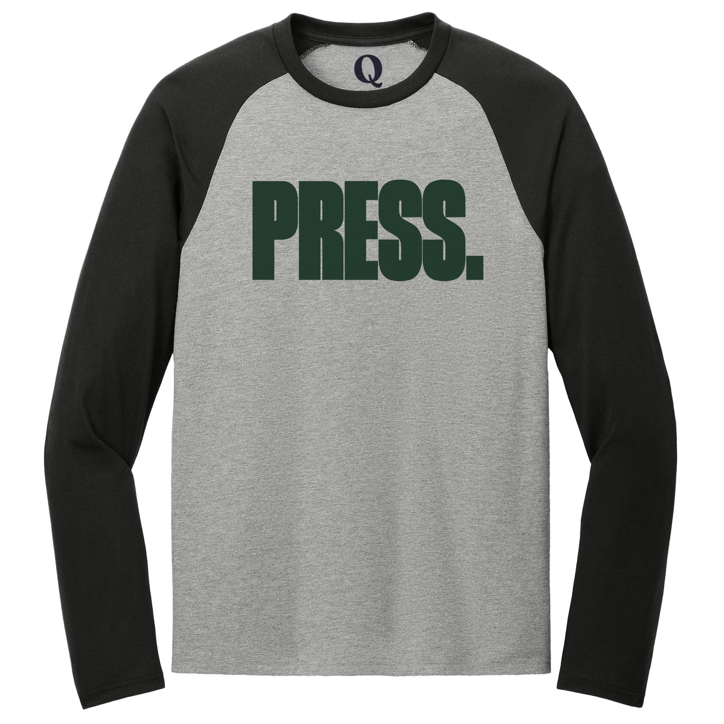 "Press." Quorum Tri-Blend Colorblock Raglan front print in Deep Black / Aluminum Grey