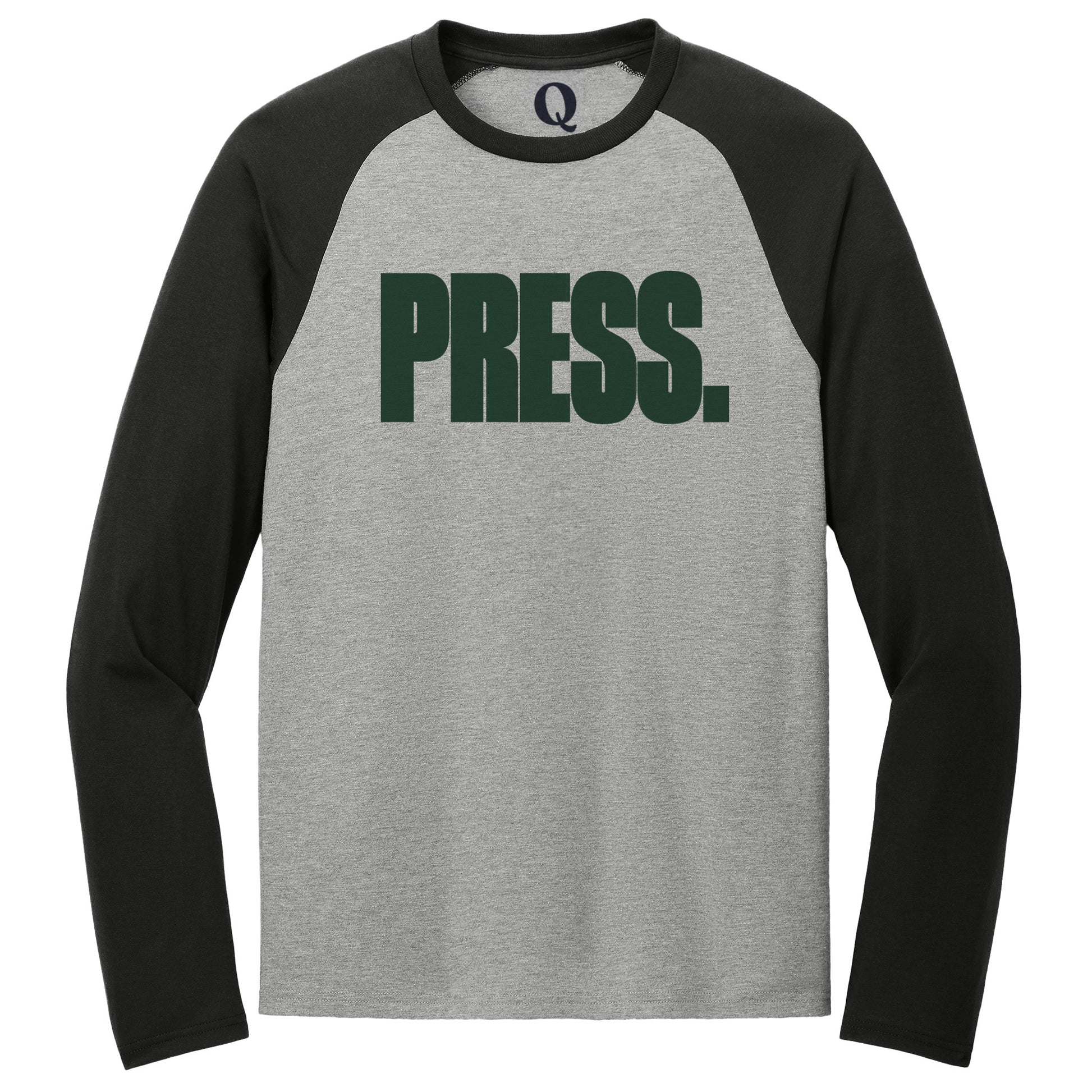 "Press." Quorum Tri-Blend Colorblock Raglan front print in Deep Black / Aluminum Grey