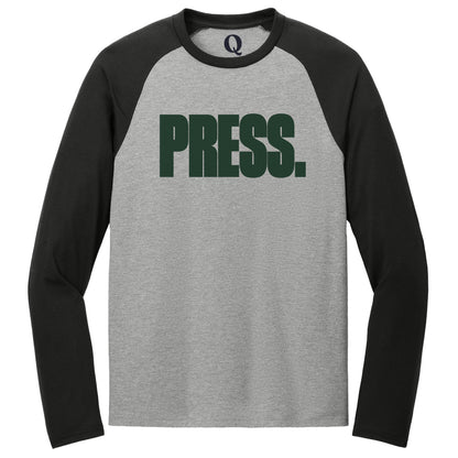"Press." Quorum Tri-Blend Colorblock Raglan front print in Deep Black / Aluminum Grey