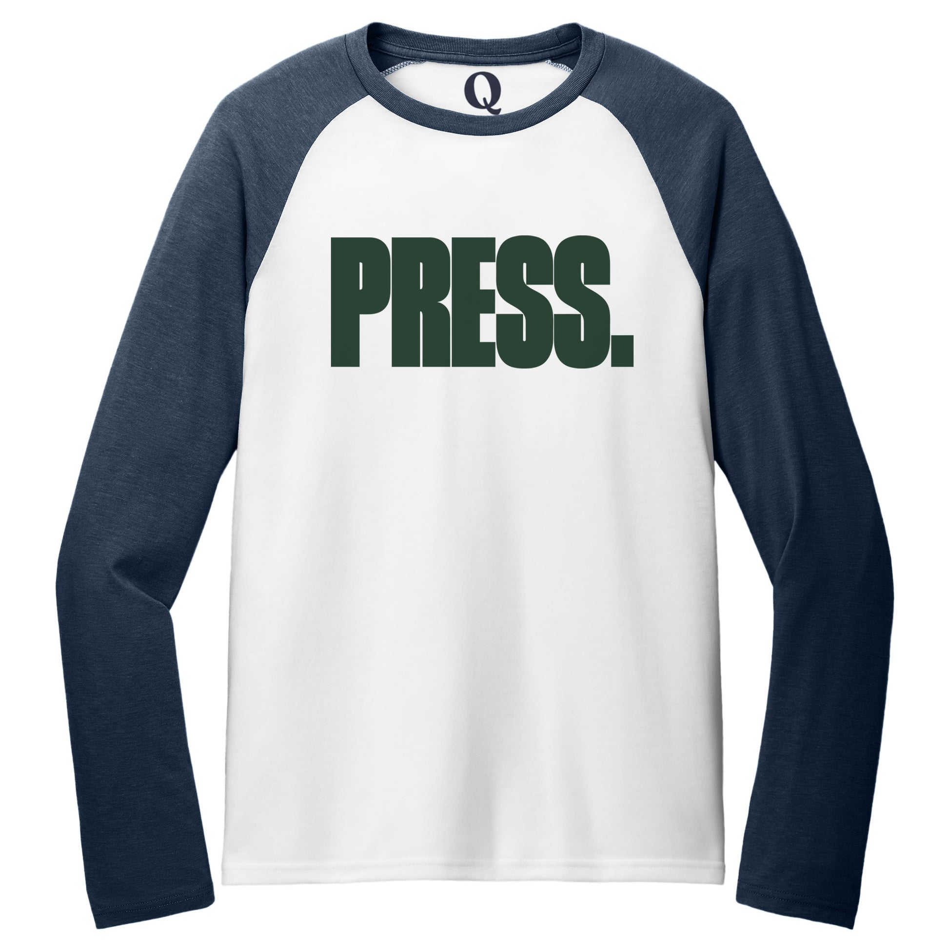 "Press." Quorum Tri-Blend Colorblock Raglan front print in Rebel Blue / Bright White