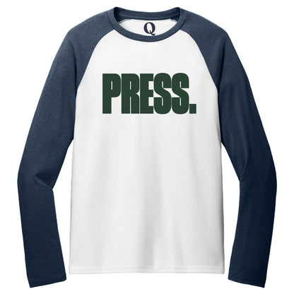 "Press." Quorum Tri-Blend Colorblock Raglan front print in Rebel Blue / Bright White