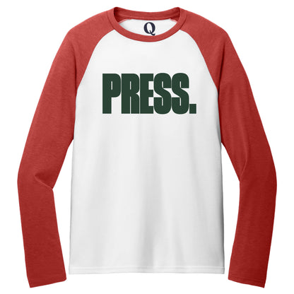 "Press." Quorum Tri-Blend Colorblock Raglan front print in Rise Up Red / Bright White