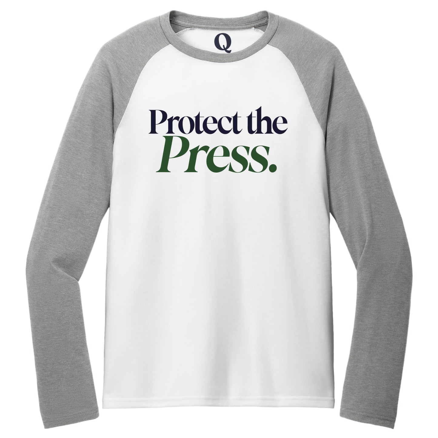 "Protect the Press." Quorum Tri-Blend Colorblock Raglan front print in Aluminum Grey / Bright White