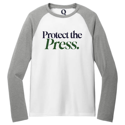 "Protect the Press." Quorum Tri-Blend Colorblock Raglan front print in Aluminum Grey / Bright White