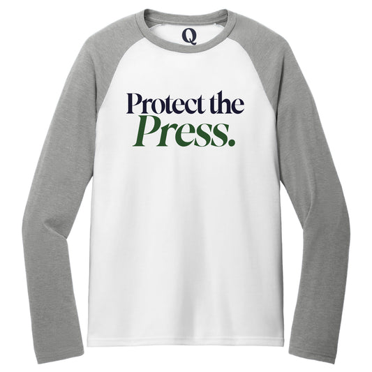 "Protect the Press." Quorum Tri-Blend Colorblock Raglan front print in Aluminum Grey / Bright White