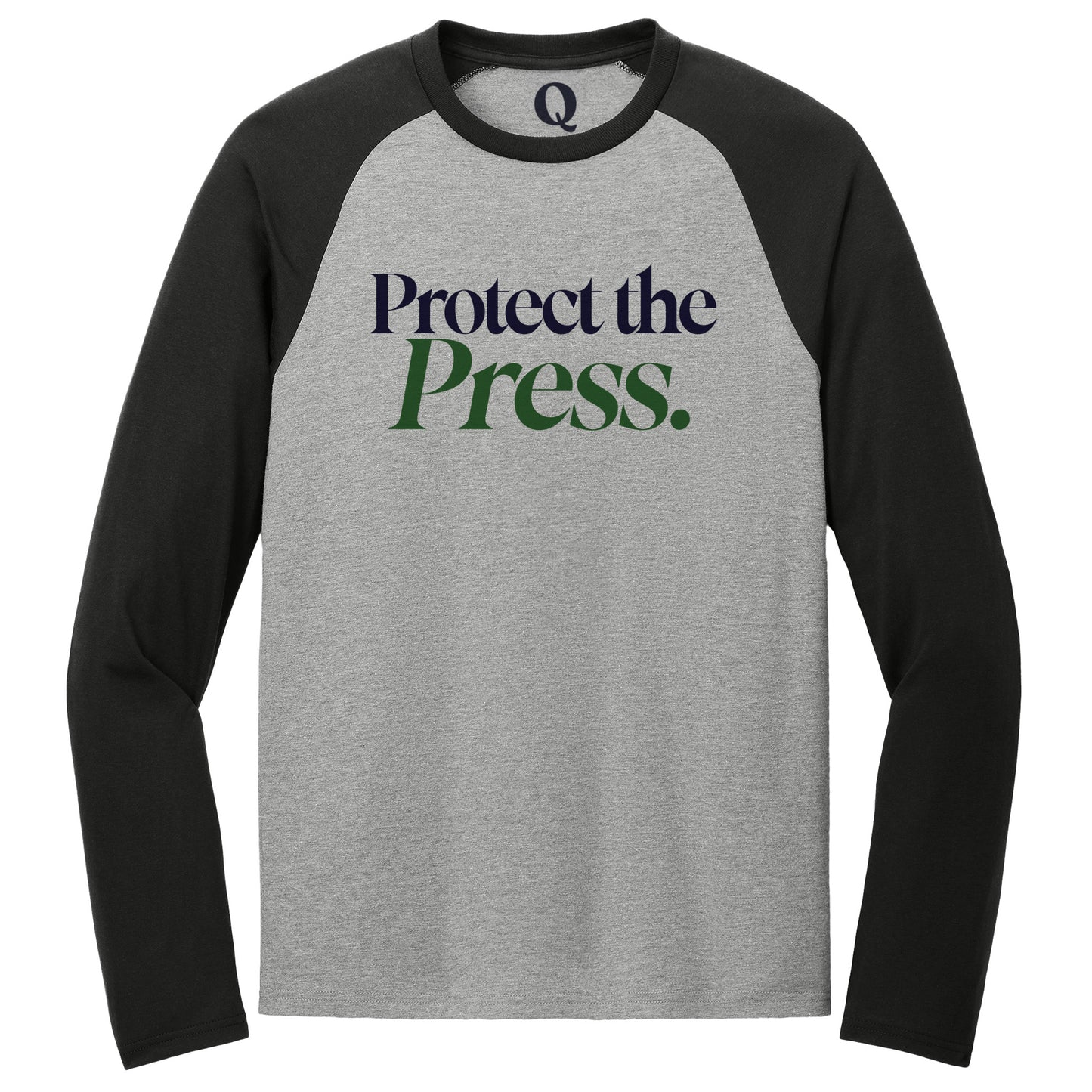 "Protect the Press." Quorum Tri-Blend Colorblock Raglan front print in Deep Black / Aluminum Grey