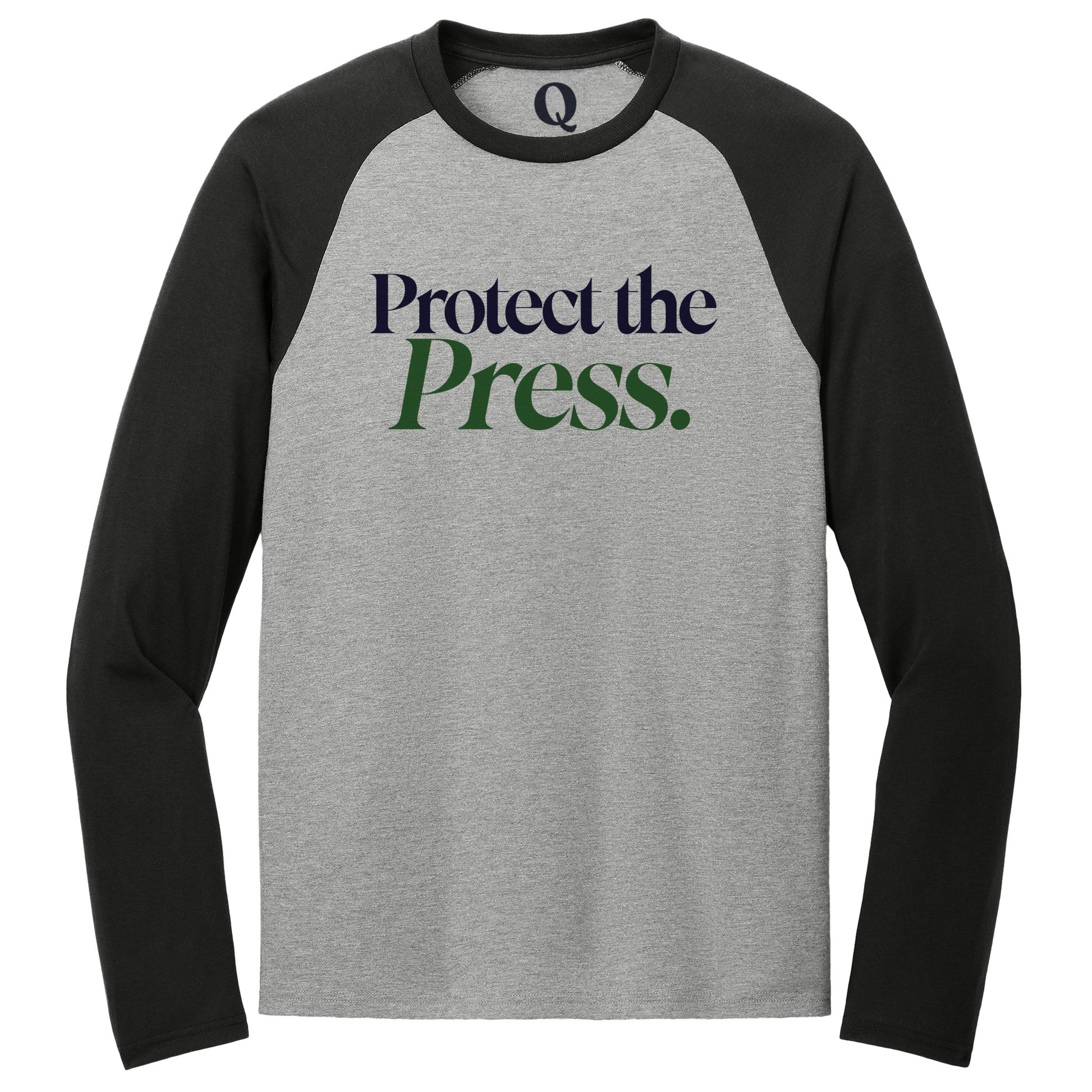 "Protect the Press." Quorum Tri-Blend Colorblock Raglan front print in Deep Black / Aluminum Grey