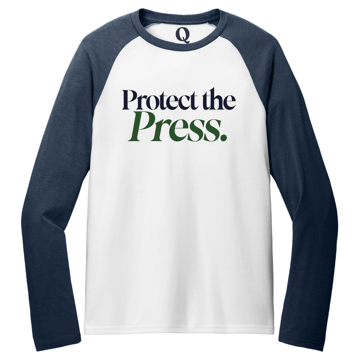 "Protect the Press." Quorum Tri-Blend Colorblock Raglan front print in Rebel Blue / Bright White