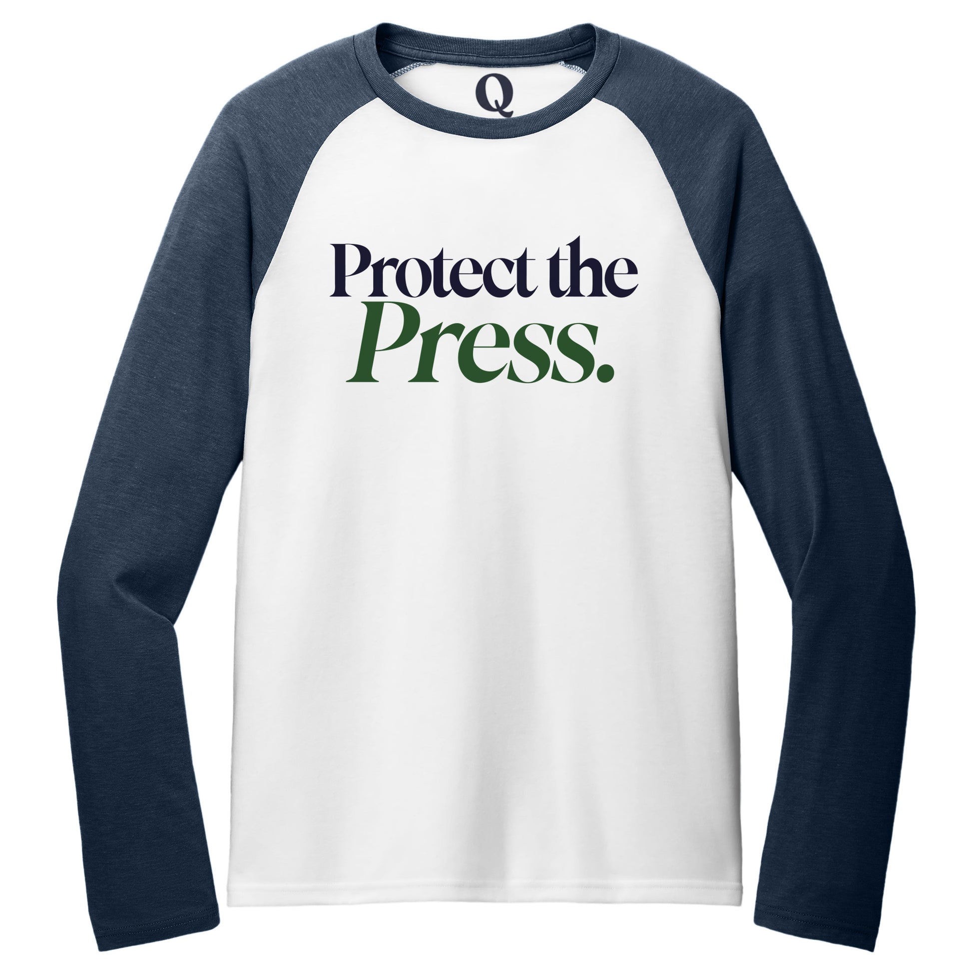 "Protect the Press." Quorum Tri-Blend Colorblock Raglan front print in Rebel Blue / Bright White