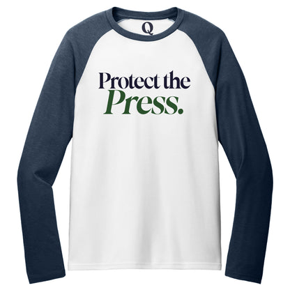 "Protect the Press." Quorum Tri-Blend Colorblock Raglan front print in Rebel Blue / Bright White