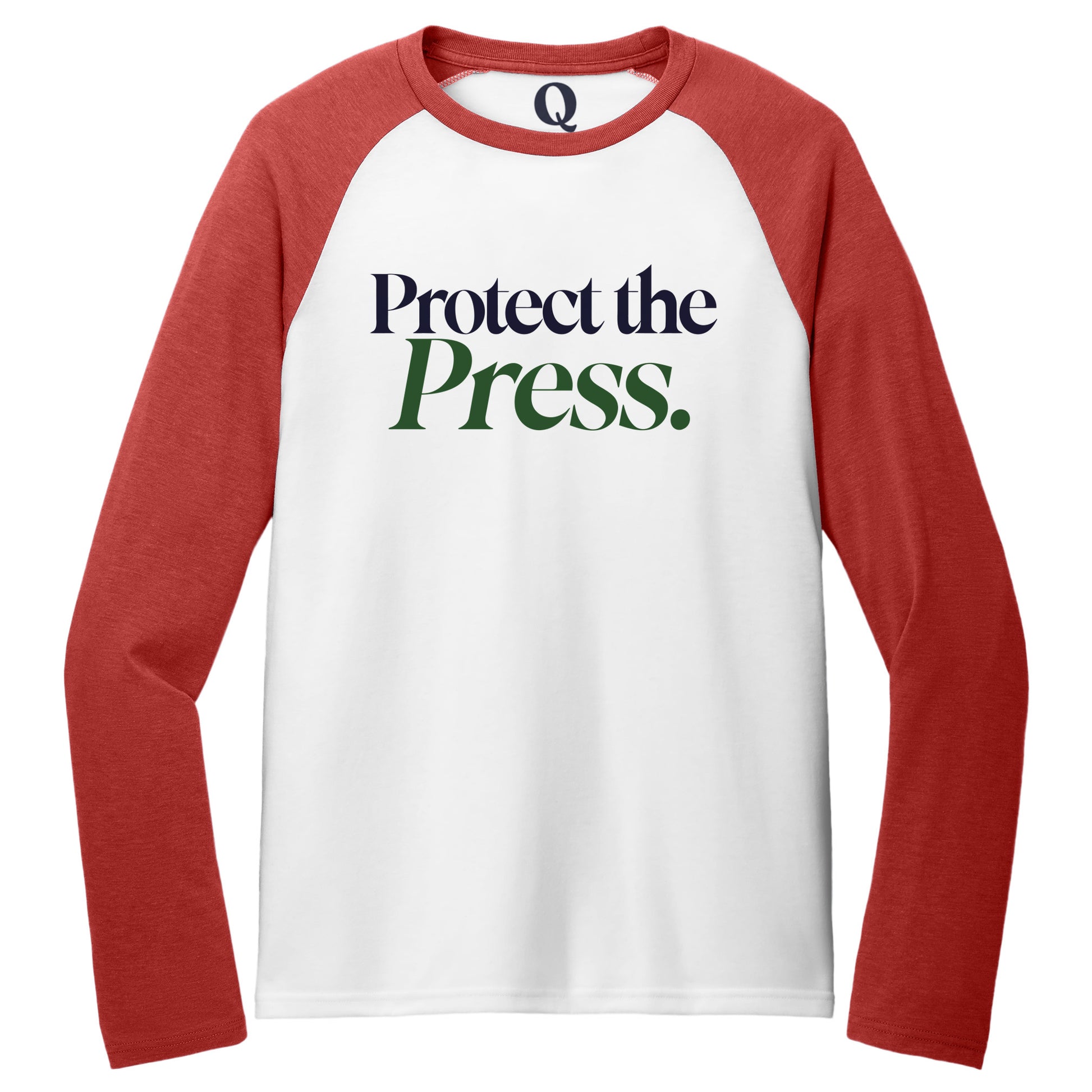 "Protect the Press." Quorum Tri-Blend Colorblock Raglan front print in Rise Up Red / Bright White